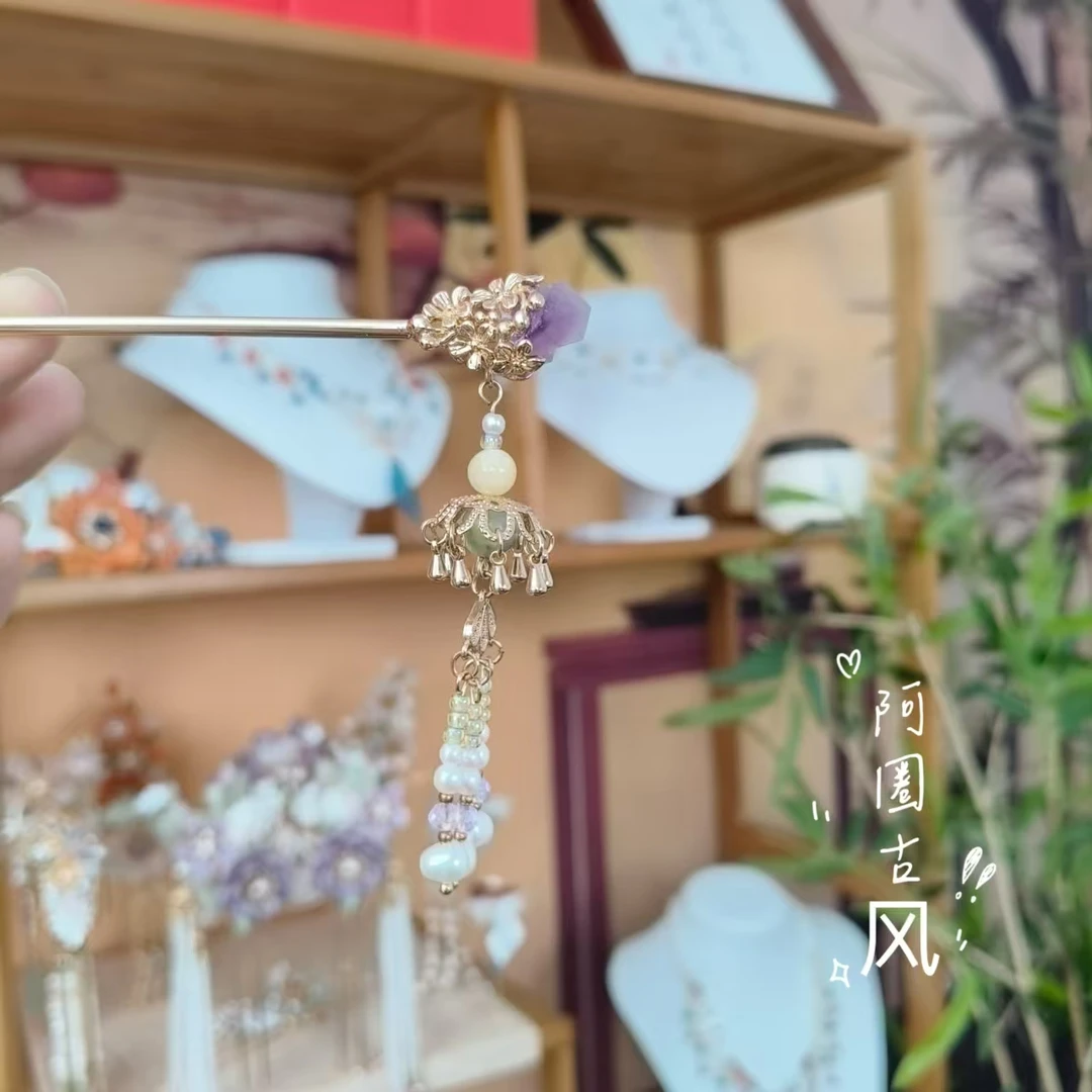 阿圈国风手工复古古风日常古典紫色簪发素款