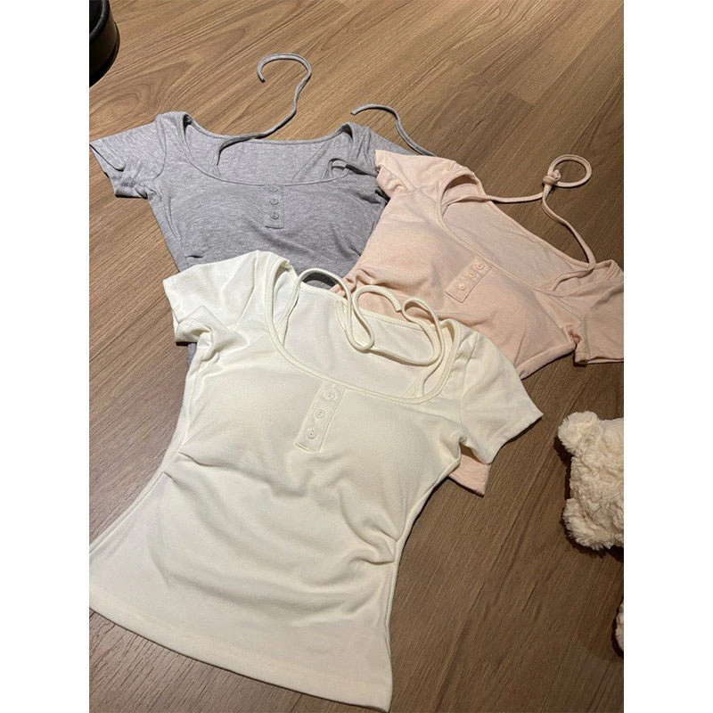 韩系辣妹设计感挂脖系带短袖T恤女夏季修身显瘦带胸垫假两件上衣