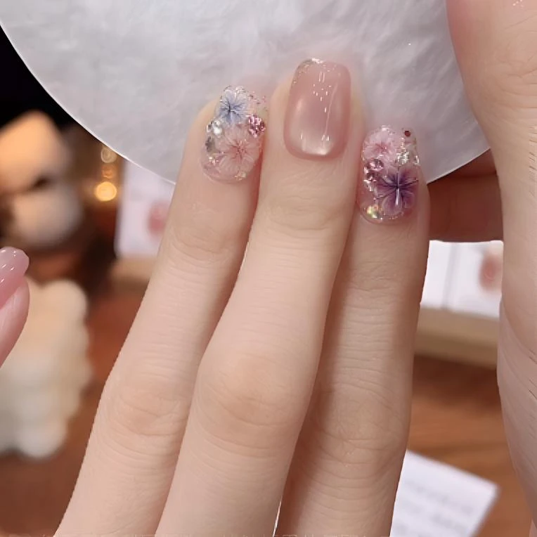 【莫奈花园】纯手工穿戴甲显白设计琉璃干花猫眼美甲短款