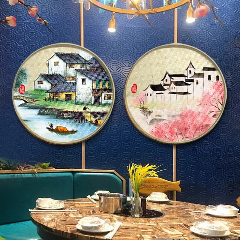 江南水乡风景饭店装饰画山水风景农家乐挂画农庄包间背景墙簸箕画