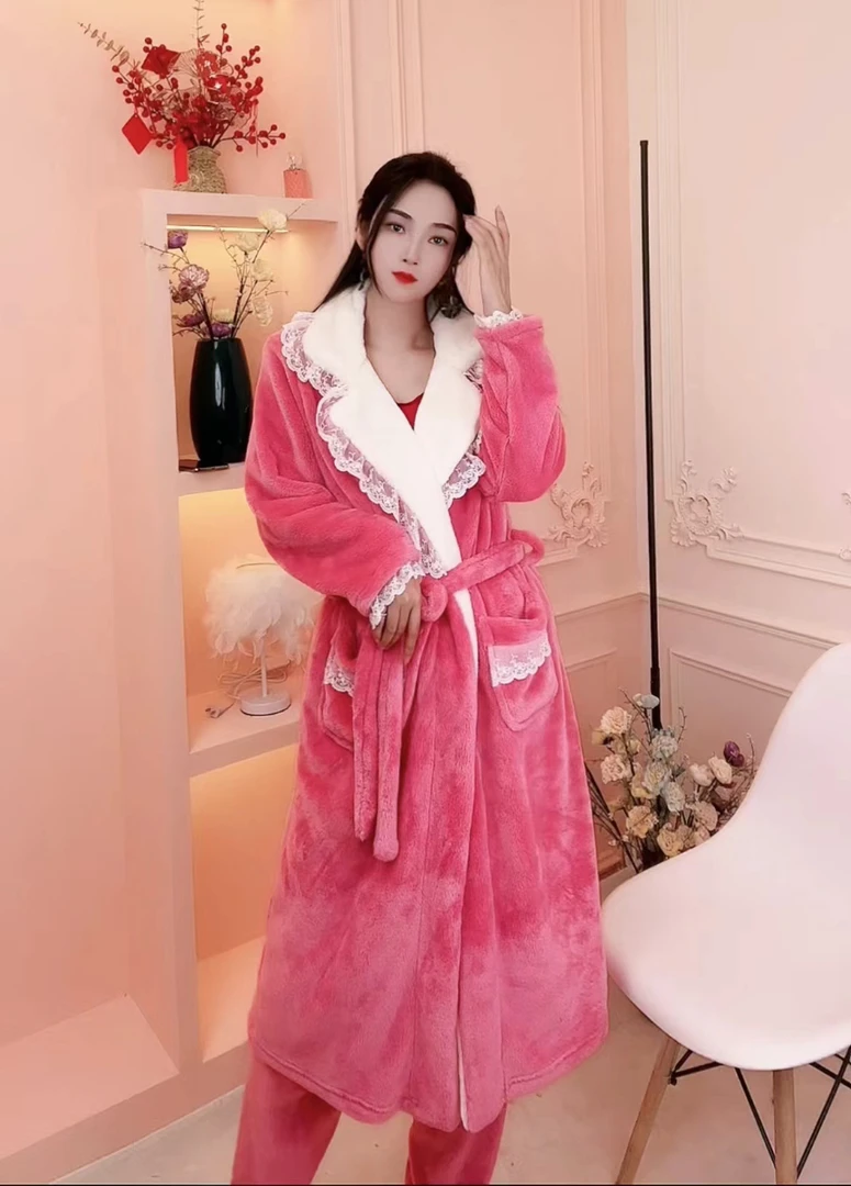 冬款睡袍加绒加厚法兰绒女士两件套睡衣