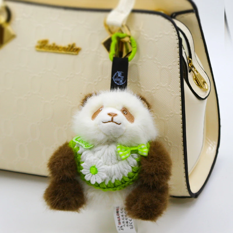新款带围嘴熊猫七仔挂件花花毛绒公仔背包挂饰钥匙扣成都特色礼物