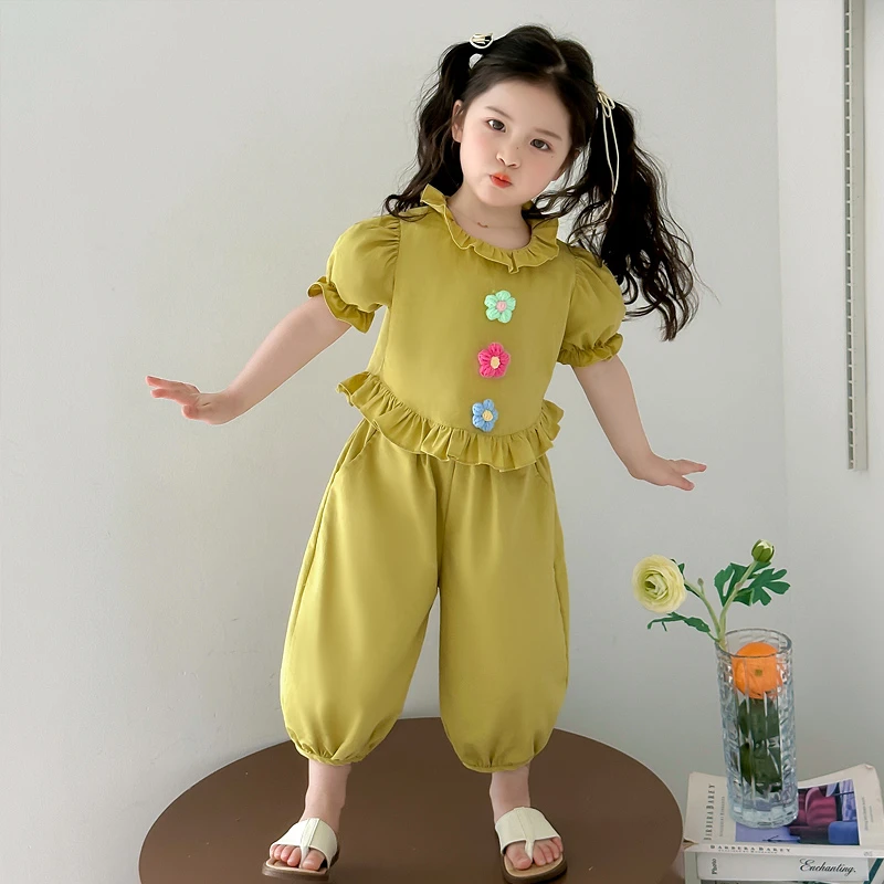 女童花朵短袖套装2025新款儿童夏装韩版洋气女宝宝夏季时髦两件套