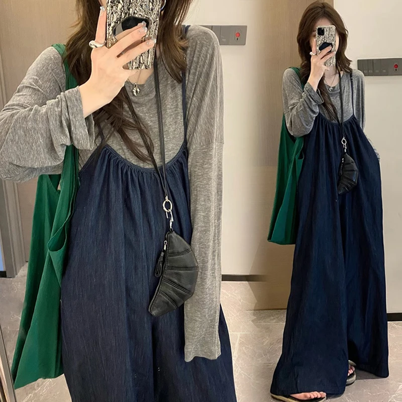 孕妇装新款宽松孕妇水牛仔宽松休闲背带裤+时尚灰色上衣套装