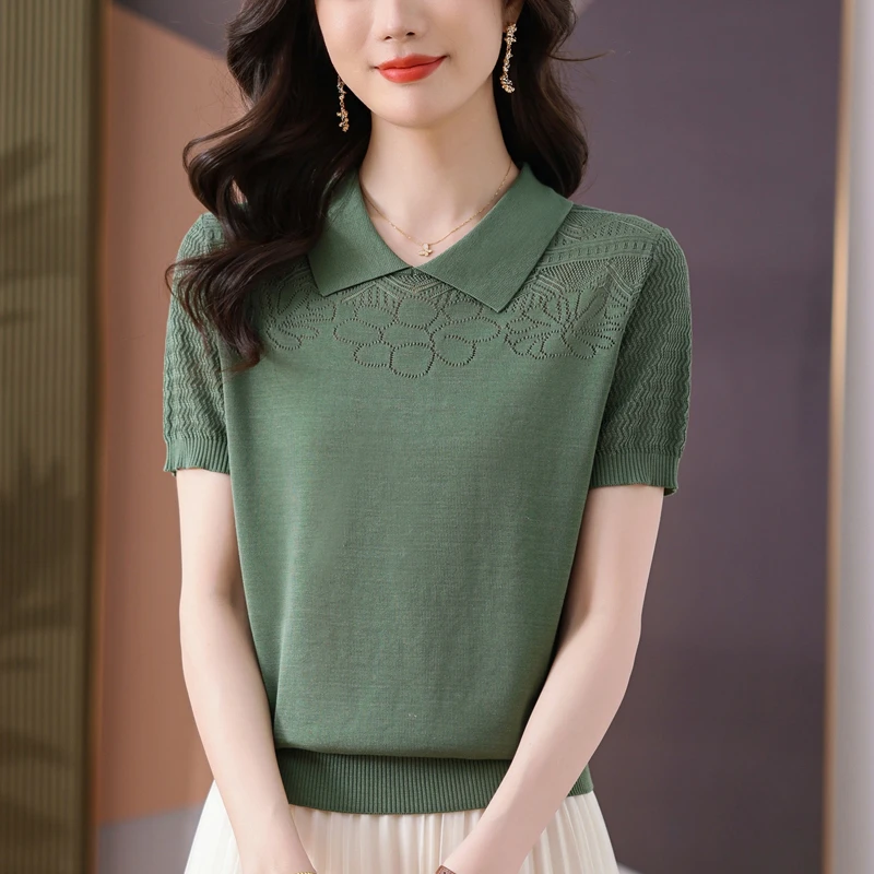 【天丝】母亲节妈妈夏装新款洋气短袖T恤40岁50女薄款针织漂亮小衫