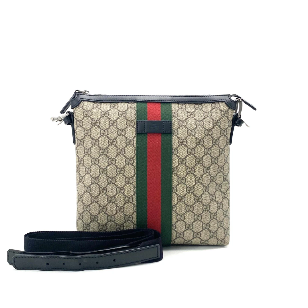 99新 GUCCI/古驰 老花红绿编织斜挎包 尺寸27/29男士经典休闲