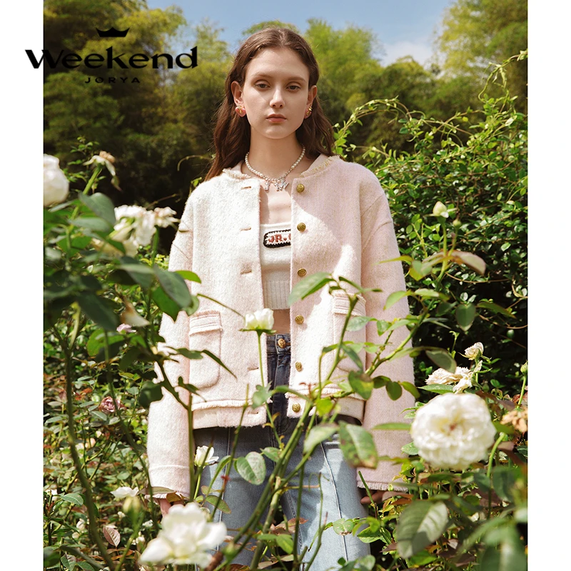 卓雅周末罗纹领毛边口袋扣饰落肩毛呢外套EJWDDQ03