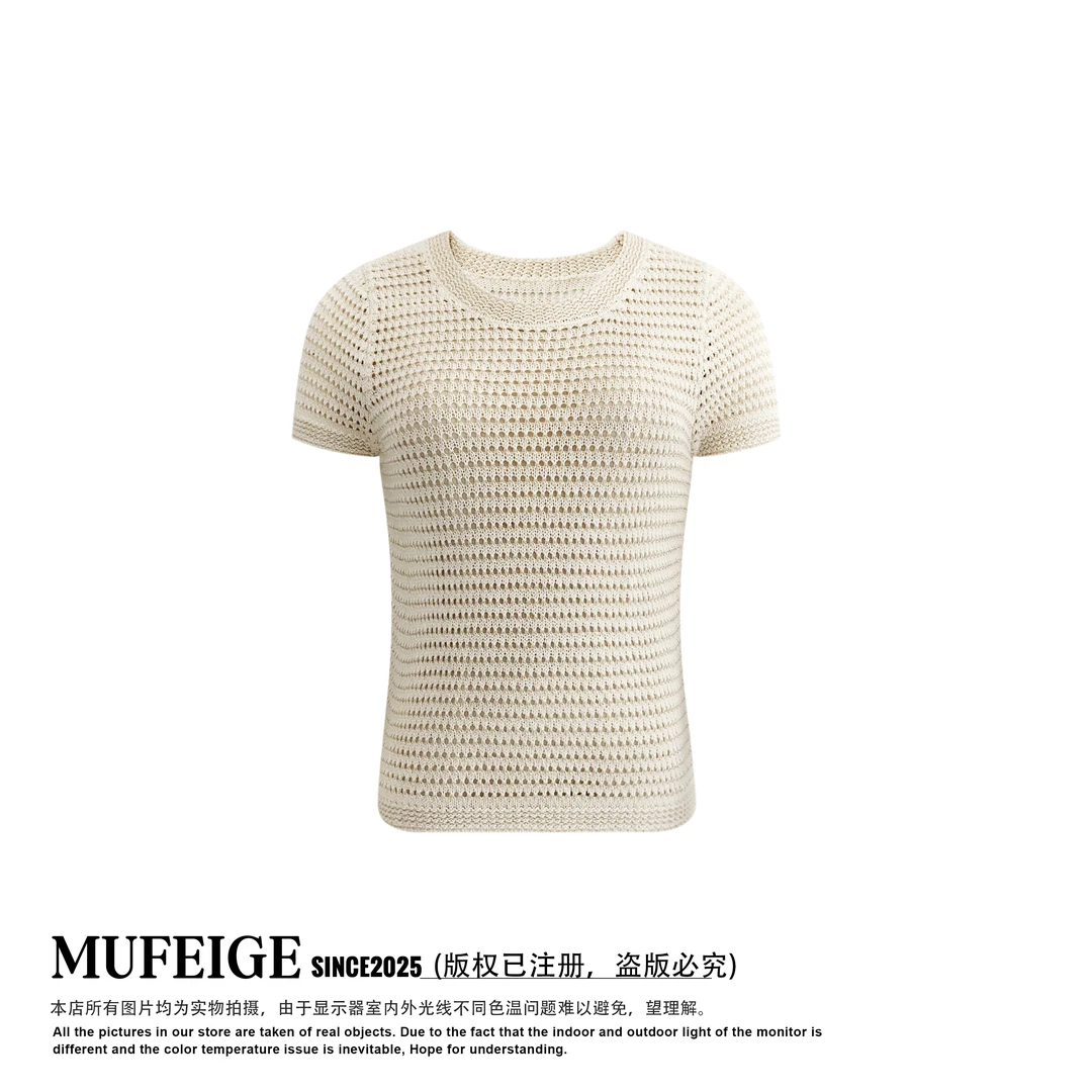 MUFEIGE 高时髦棉感镂空挑空極简清凉针织T恤-1068#