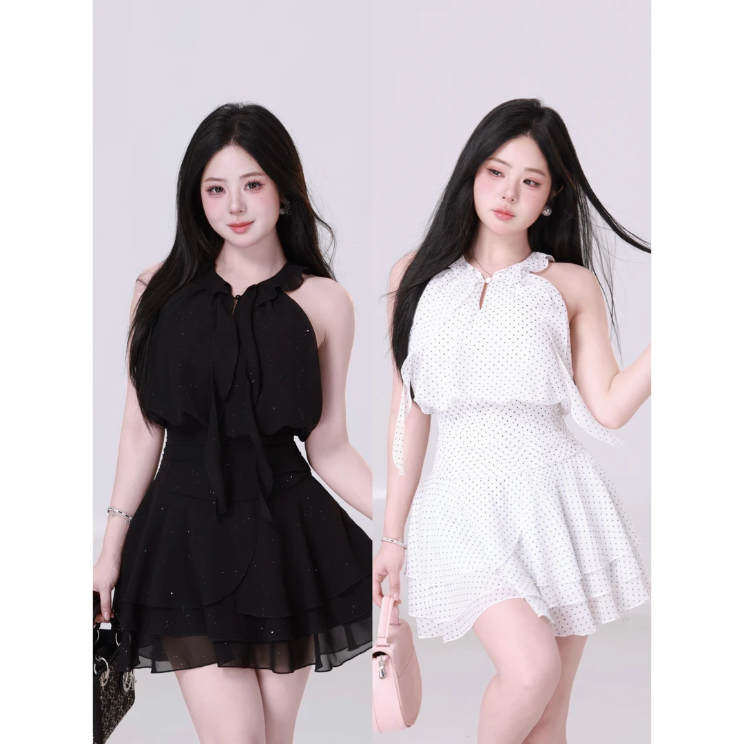 清清萌面侠【娇奢千金】新款珍珠雪纺散银无袖挂脖连衣裙 5410