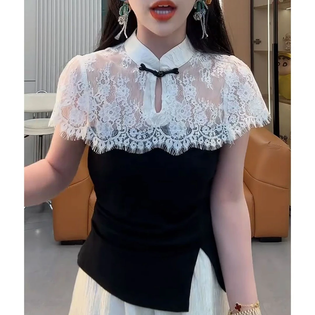 2025夏季新款时尚国风蕾丝拼接显瘦T恤女小众设计感百搭短袖上衣