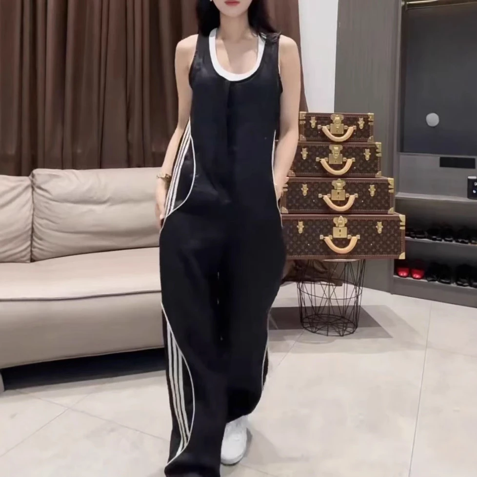 2025夏季新款拼接休闲时尚宽松无袖阔腿连体裤洋气时尚显瘦潮流女
