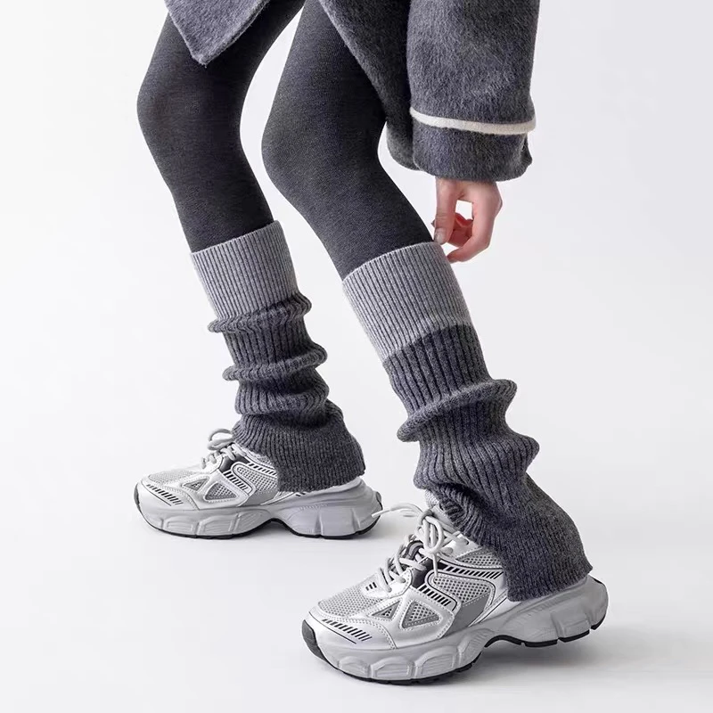 袜套女秋冬羊绒长筒袜加厚保暖学院风腿套拼色缺口美拉德针织小腿