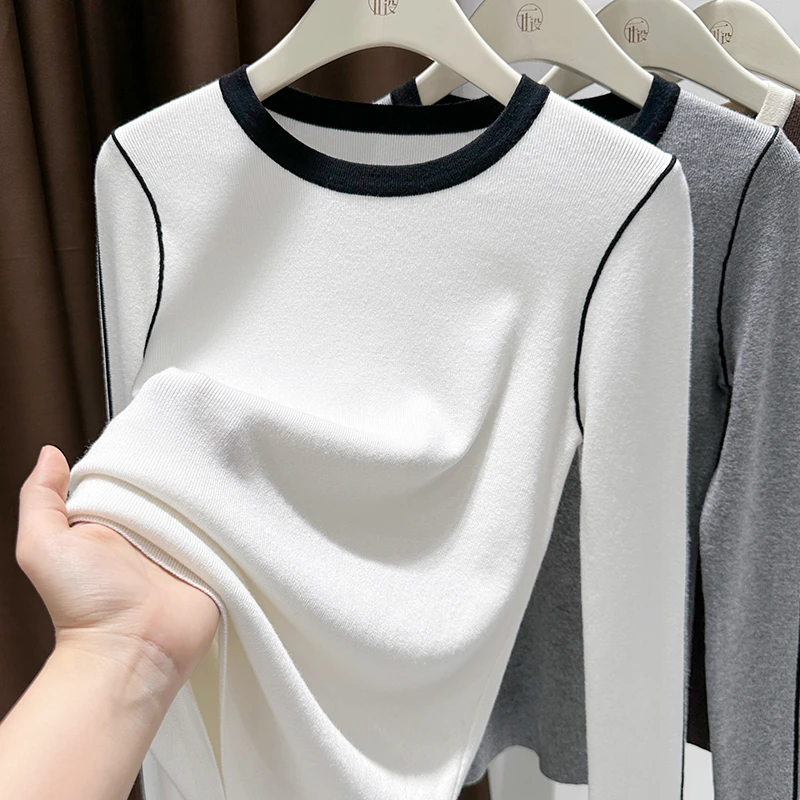 2025春季杏色长袖圆领拼色正肩修身针织衫上衣女内搭新款洋气小衫