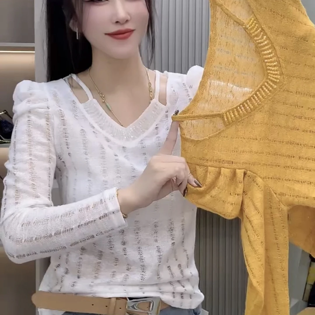 爆款针织常规抗皱长袖V领钉珠T恤春夏洋气打底衫