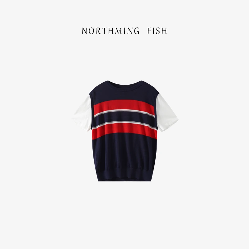 NorthMing fish「巴黎海魂」时髦随性 休闲撞色假两件拼接短袖