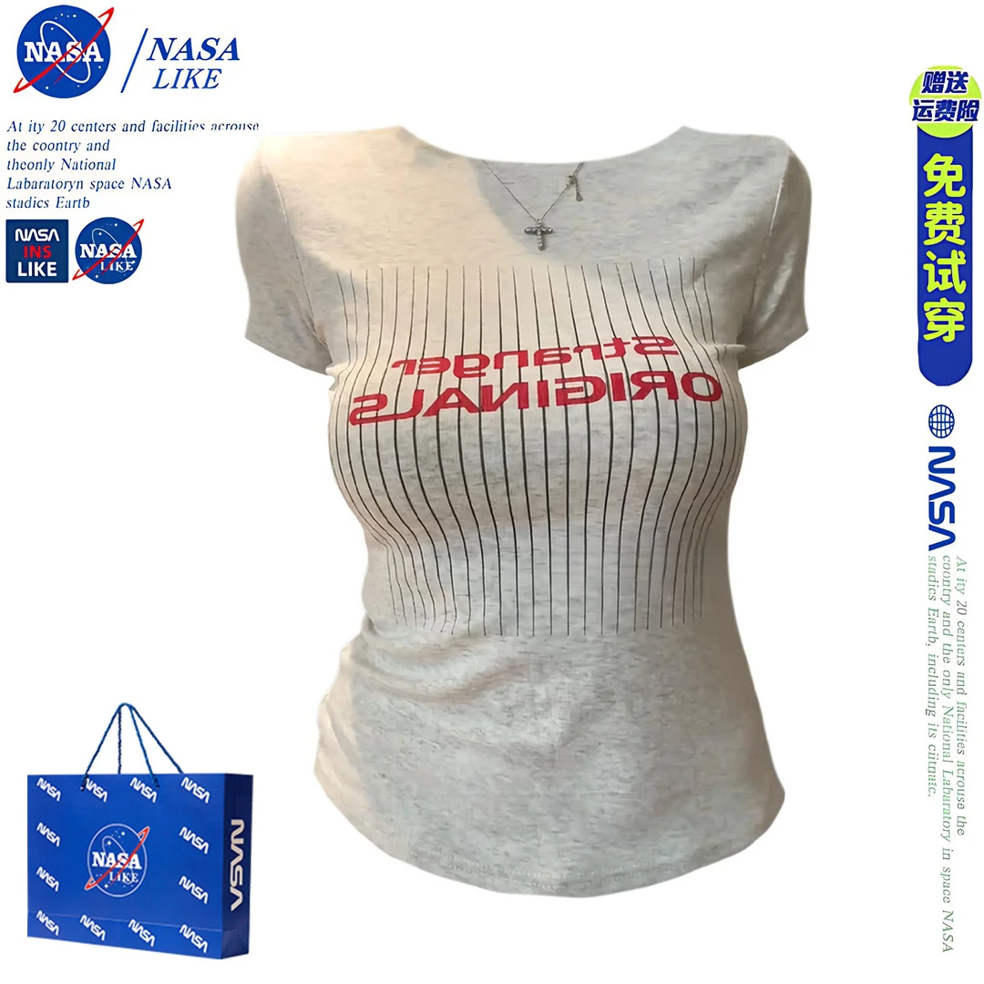 NASA微胖MM美式复古字母印花圆领短袖T恤女夏季修身显瘦短款上衣