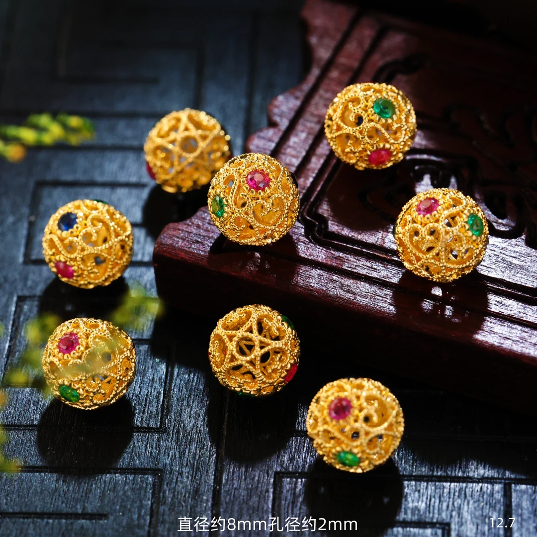 【金豆工厂】18K金约8mm花丝绣球隔珠蜻蜓眼隔珠镂空金珠（厚5D金）