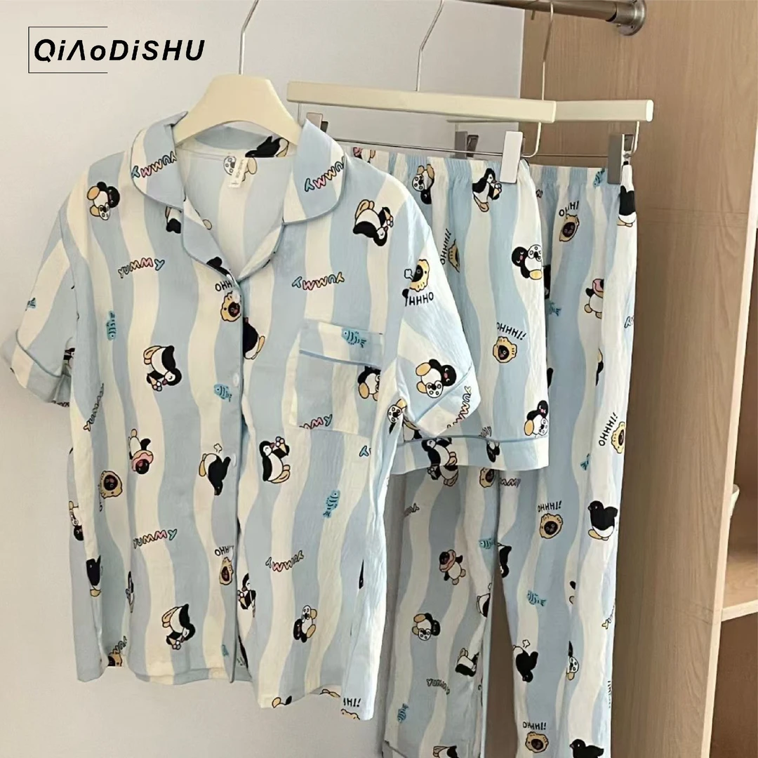 俏蒂舒【短袖企鹅派对】云感绵细纱开衫甜美卡通家居服套装夏季