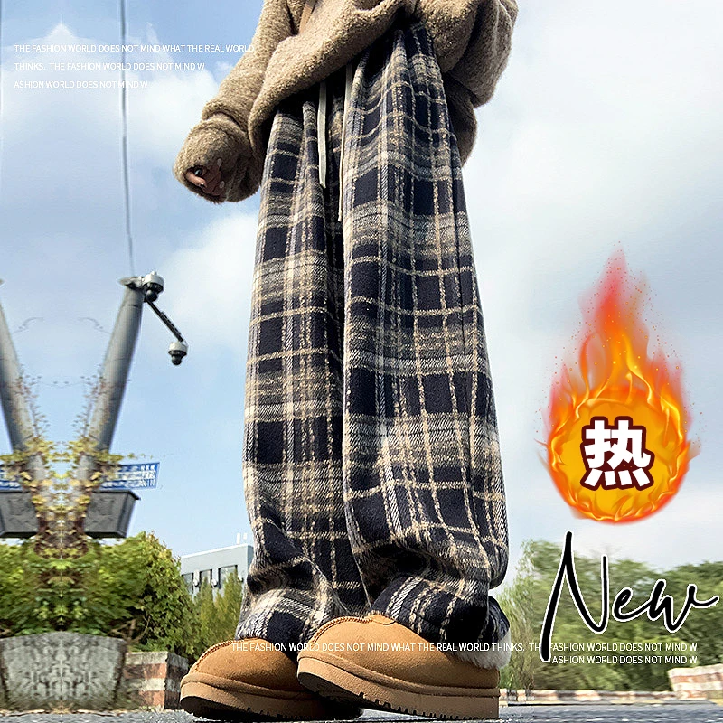 加厚圣诞格子裤女秋冬2025新款高腰显瘦羊羔绒复古毛呢加绒阔腿裤