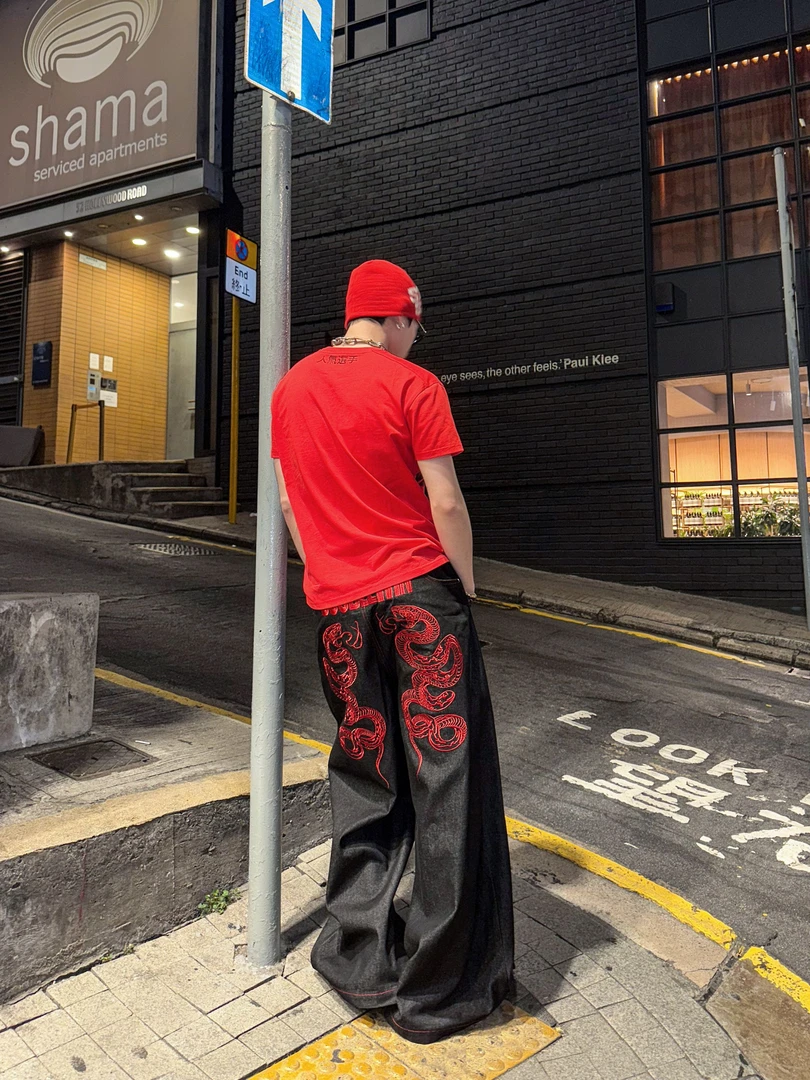 DBW Doublewin赤蛇 重工立体刺绣两穿黑色牛仔裤男街头宽松阔腿裤