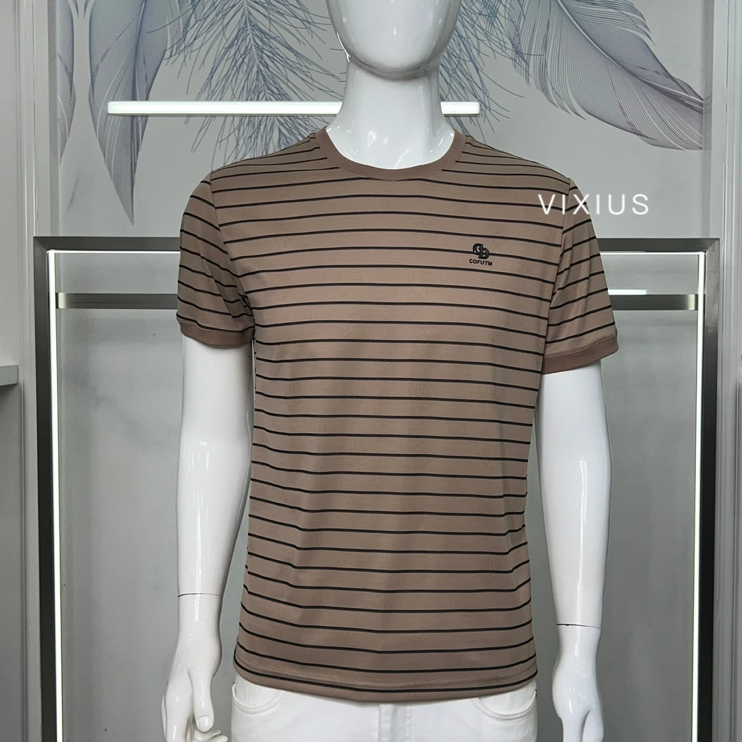 VIXIUS/维哲新品修身男士百搭轻奢条纹短袖圆领高级感T恤#V123