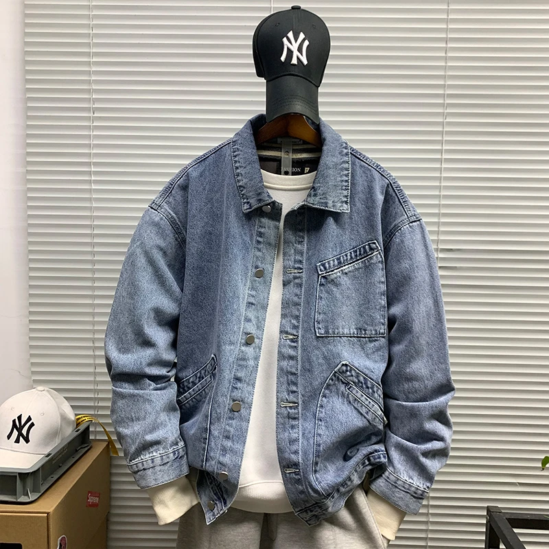 牛仔外套男士春秋新款潮牌休闲宽松百搭简约痞帅纯色翻领夹克上衣