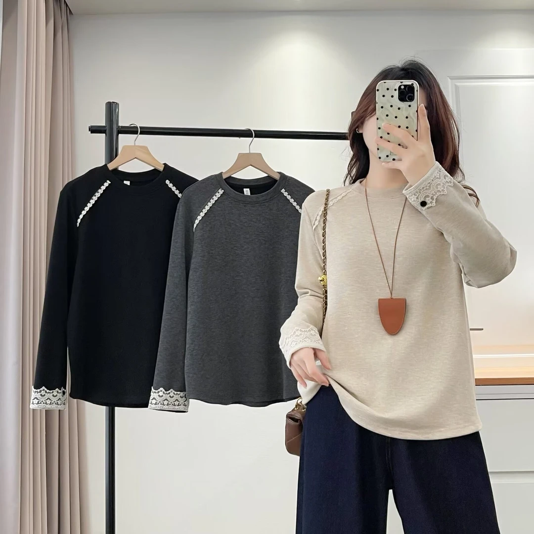 大码胖mm百搭长袖打底衫秋冬新款半高领蕾丝拼接内搭休闲T恤2563