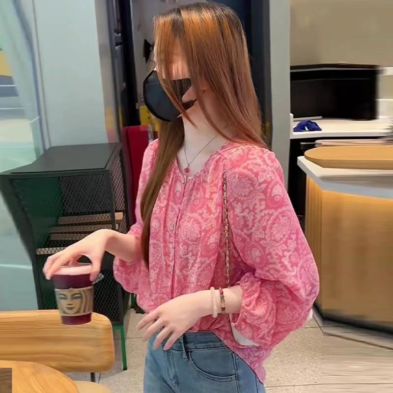 X722灯笼袖长袖雪纺上衣女碎花印花衬衫2025春季新款洋气雪纺衫