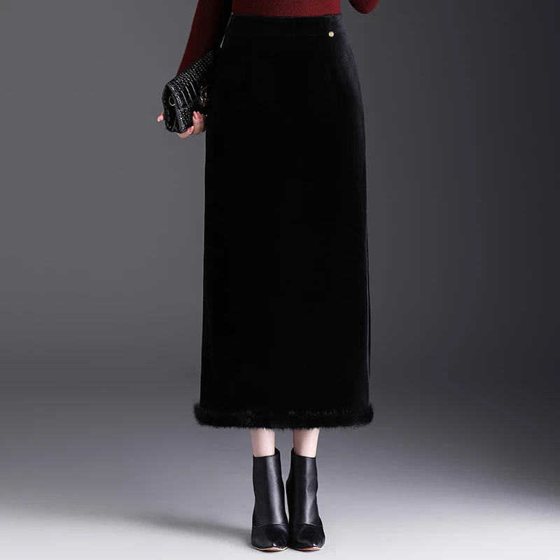 黑色包臀裙半身裙女冬季气质长裙加厚裙子丝绒半裙直筒开叉一步裙