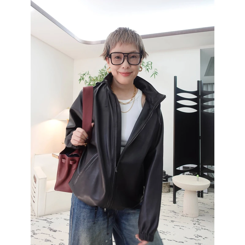 【 】LIY小羊皮戴帽夹克外套