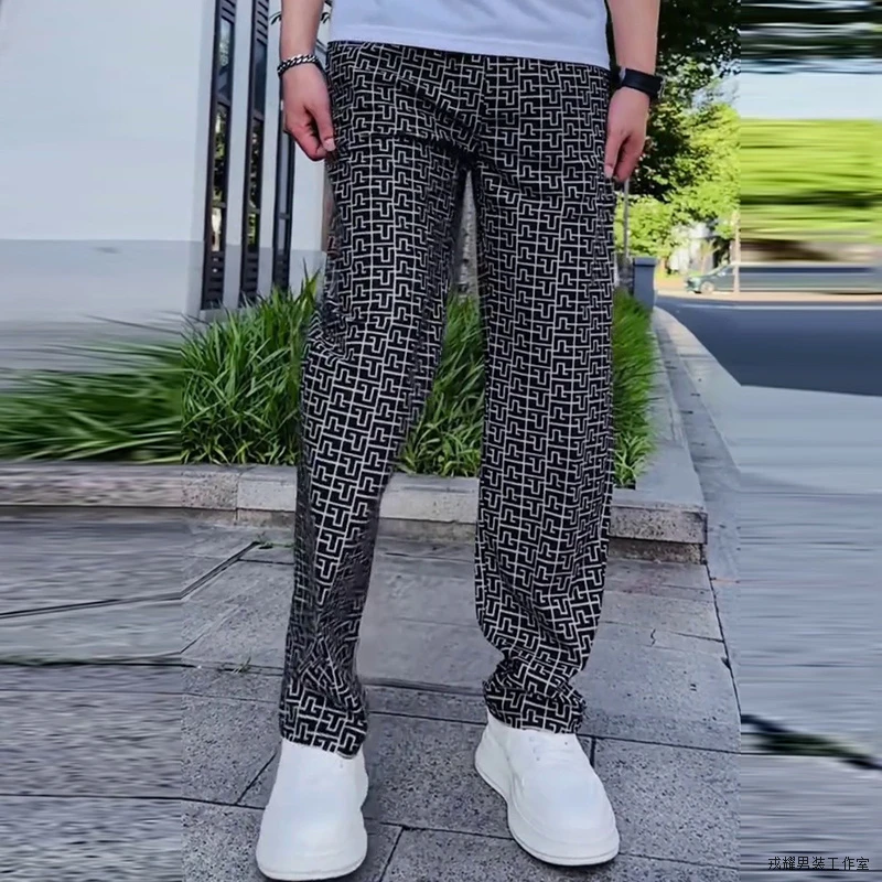 男士欧货新款不贴身加肥加大外穿裤子宽松藏肉条纹印花裤带兜外穿