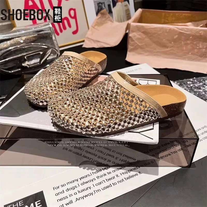 SHOEBOX鞋柜包头水钻半拖鞋女外穿2025夏季时尚百搭亮钻凉拖鞋