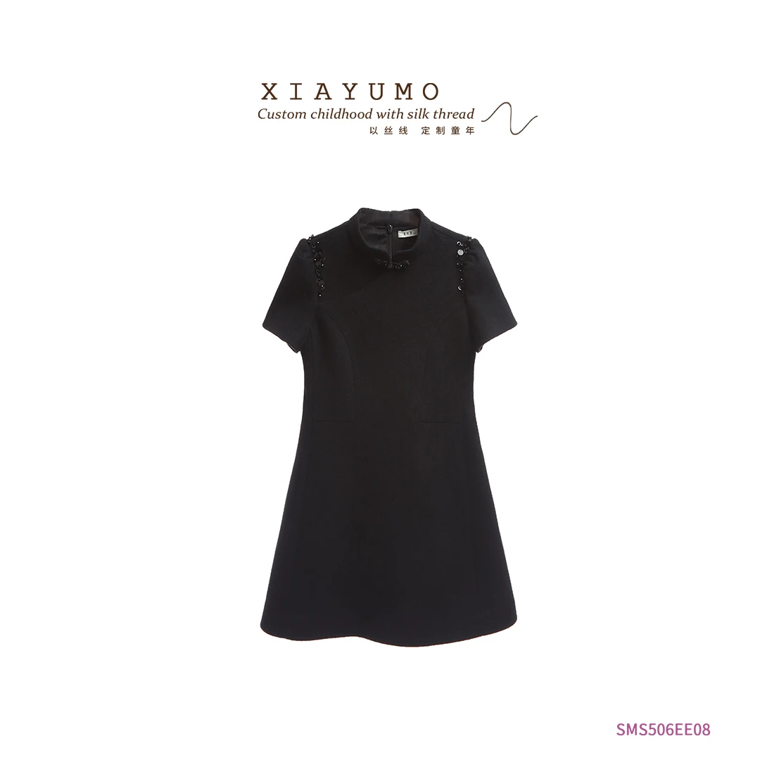 夏羽墨女童秋冬新款黑色立领中式连衣裙休闲时尚女士夏季优雅