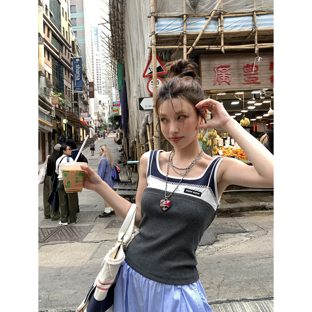 【贾三妹】设计感拼色百搭短吊带背心4284