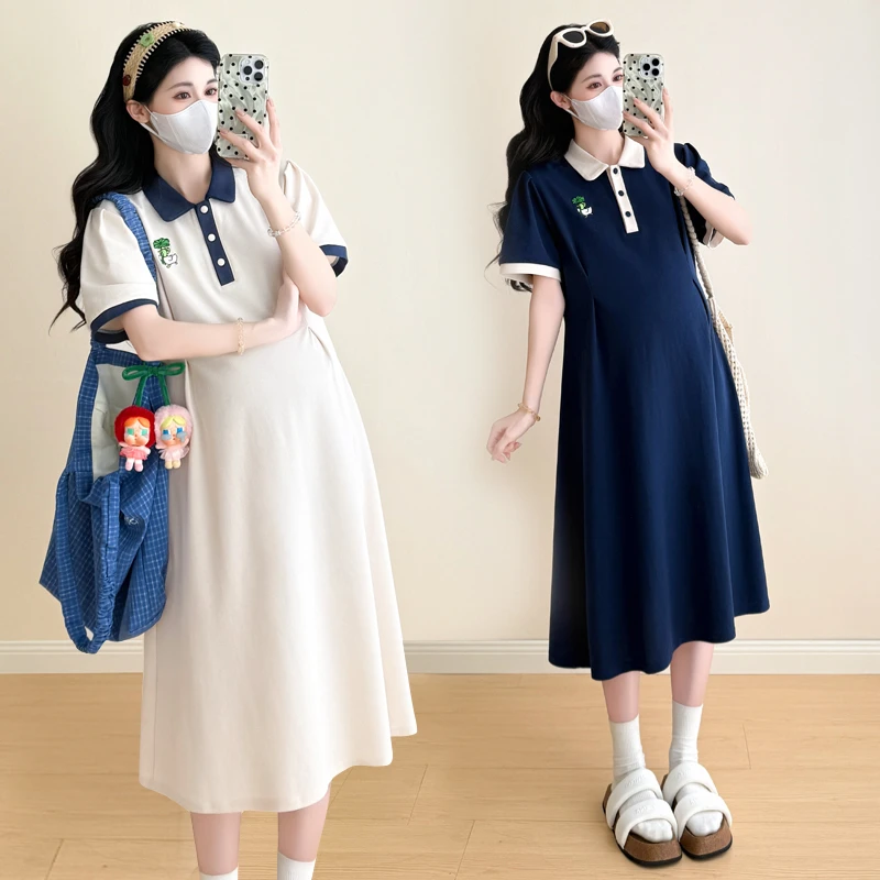 大码孕妇装连衣裙夏季2025新款短袖polo领减龄孕期穿搭裙子200斤