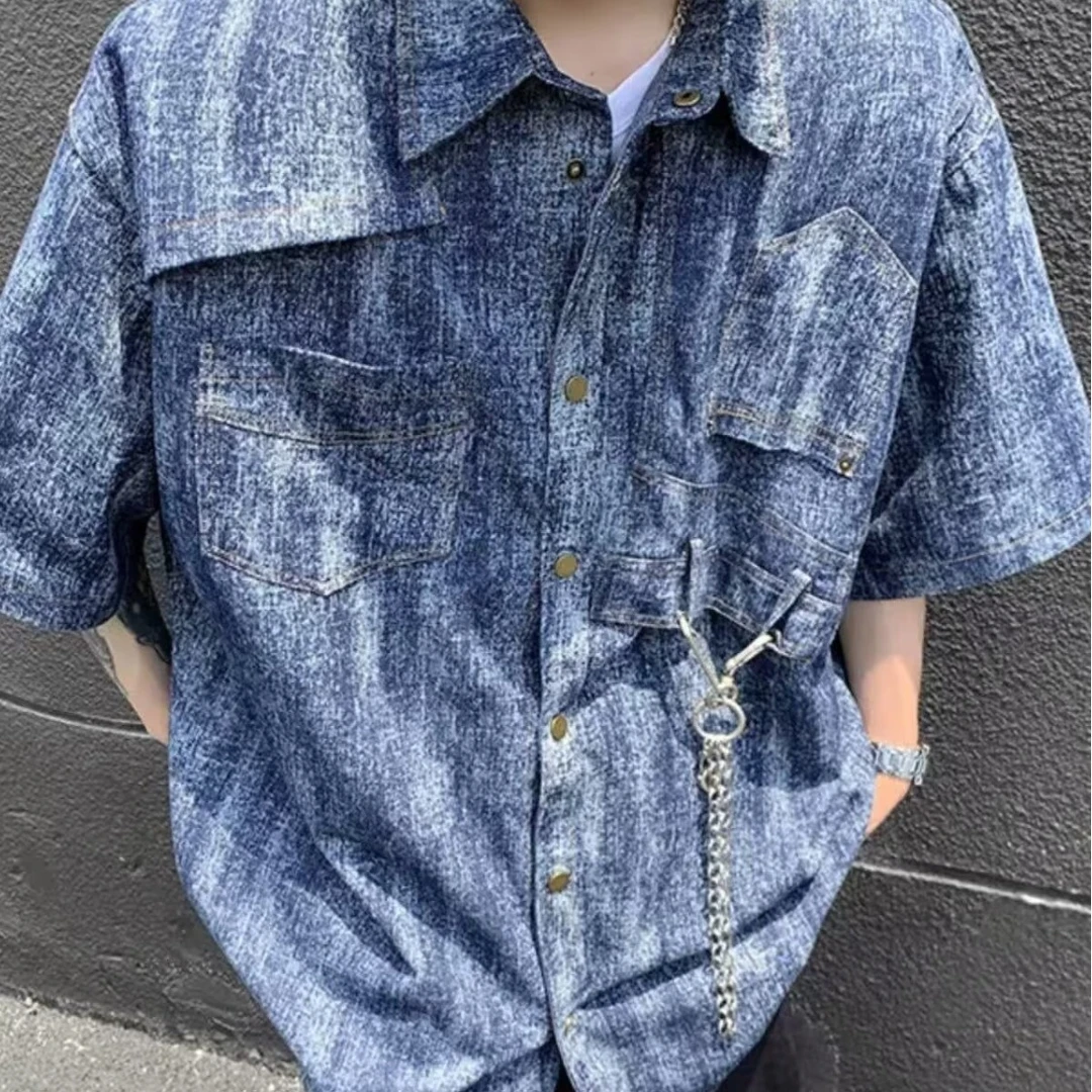 美式复古解构垫肩短袖衬衫男夏季做旧水洗扎染设计感衬衣小众外套