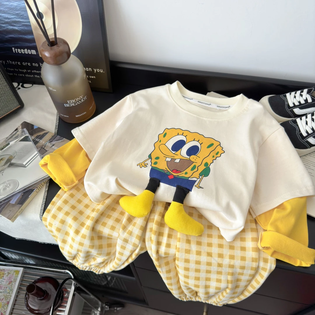 儿童2025韩版秋装新款玩偶长袖T恤百搭时尚长袖休闲假两件上衣