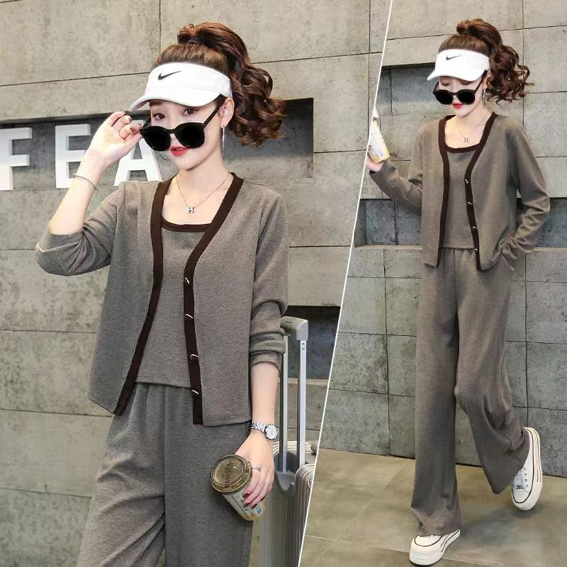 2096款欧货时尚休闲开衫背心搭配直筒裤一整套装三件套