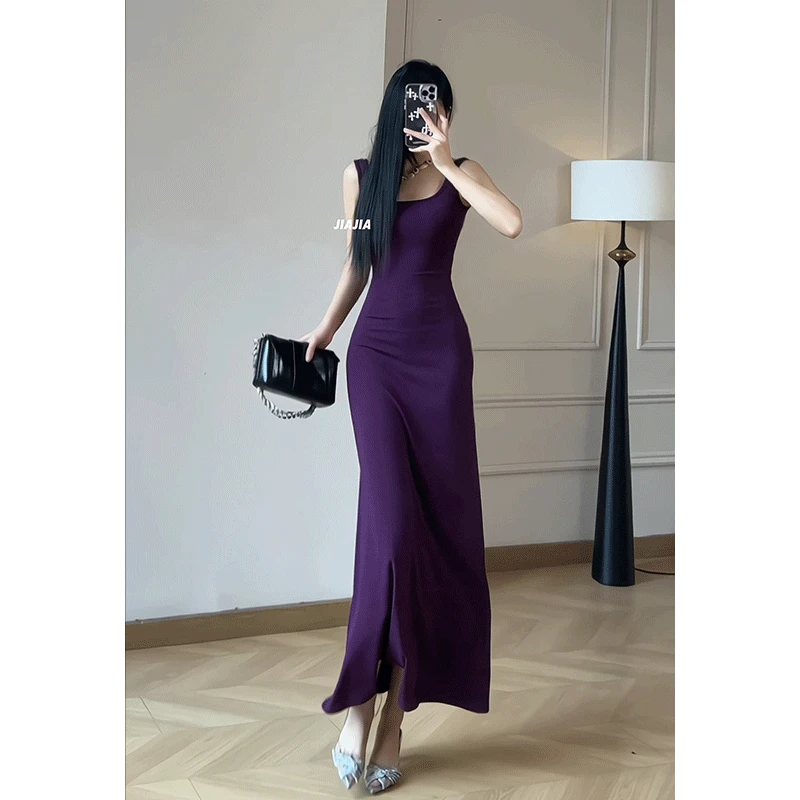时尚辣妹紫色无袖吊带连衣裙女性感修身收腰显瘦气质包臀长裙子