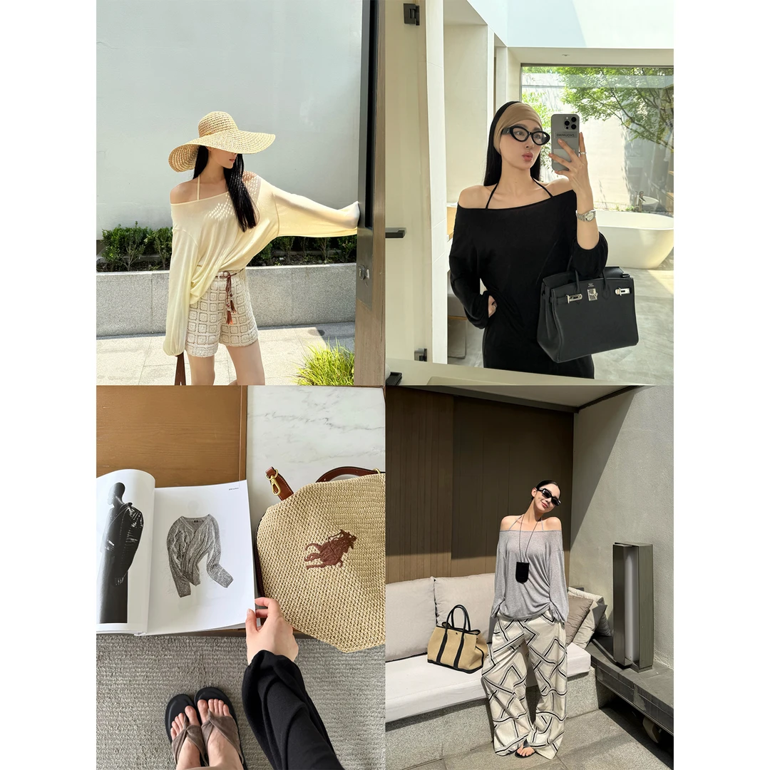 周淼【懒人面膜裸感】微透露肩上衣T恤女 超薄休闲裤套装ZM25G8659Z