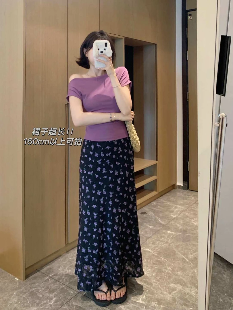 轻熟风一字肩褶皱T恤套装微胖女夏高腰碎花半身裙显瘦时尚夏季