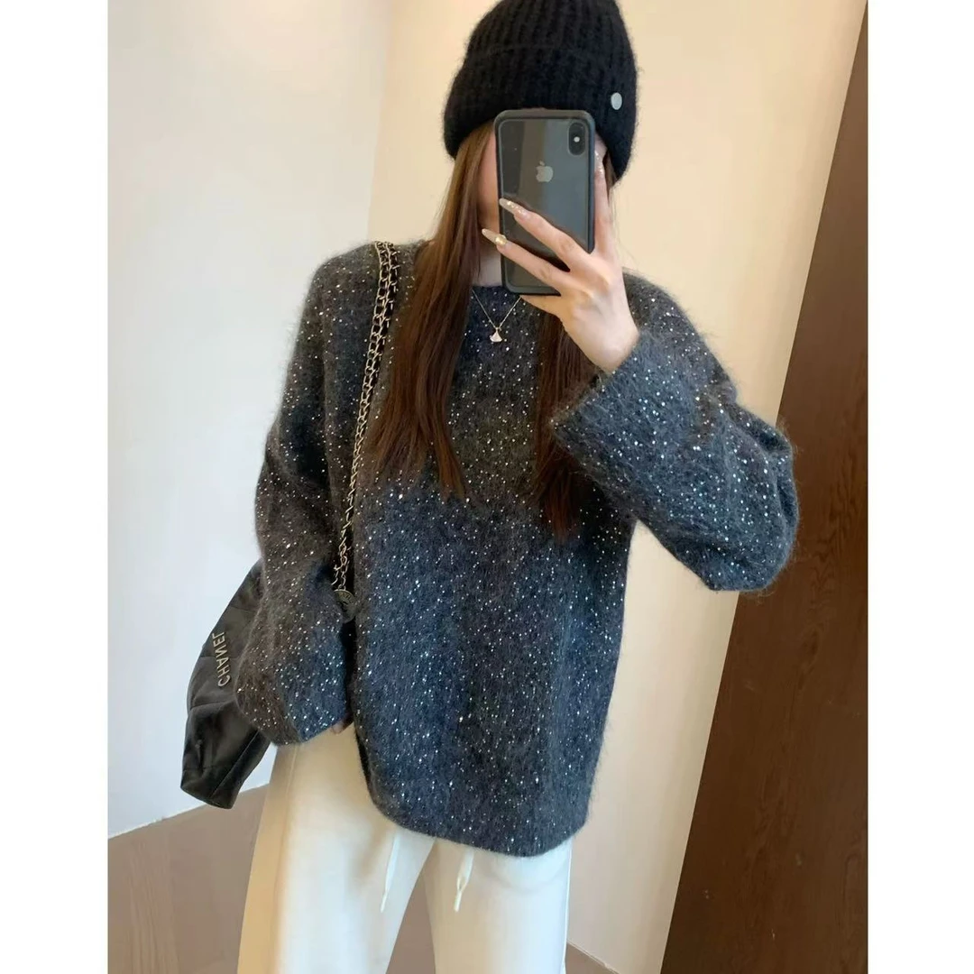 专属【聚会战袍】深灰色~宽松套头蓬松软糯小亮片毛衣圆领针织衫