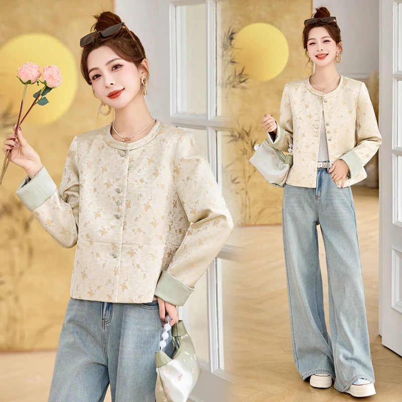 新中式国风提花短外套女2025春秋新款复古气质小个子宽松圆领上衣