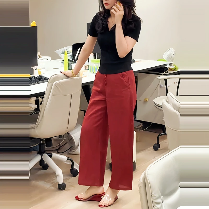 休闲风一整套穿搭女夏季新款短袖T恤上衣高腰显瘦红色裤子两件套