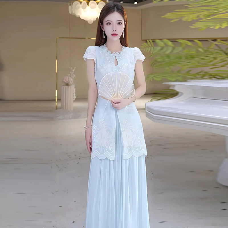 新中式休闲减龄套装女士2025年夏季新款百搭修身上衣阔腿裤两件套