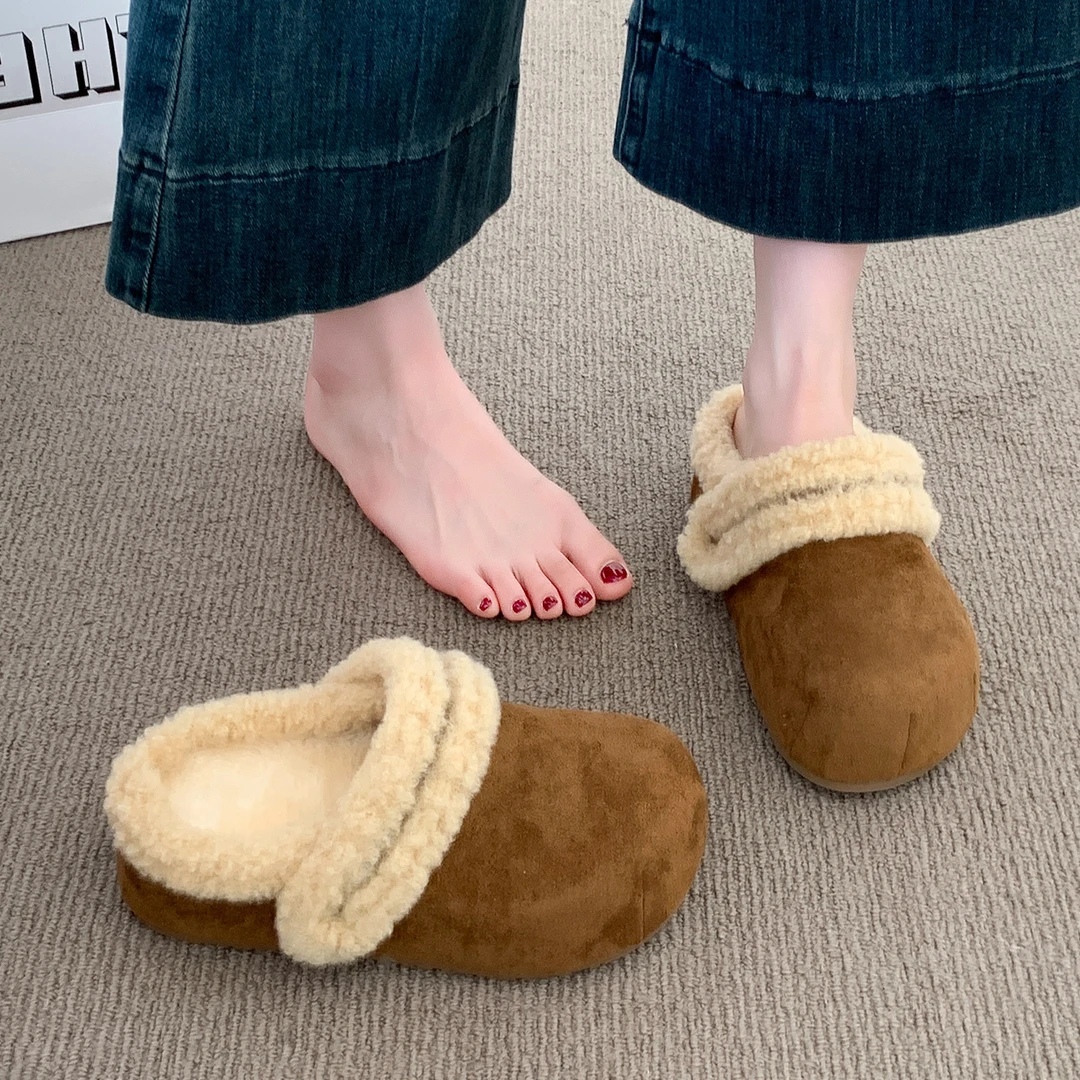 复古棕色厚底加绒包头拖鞋女外穿2025新款秋冬保暖网红勃肯棉拖鞋