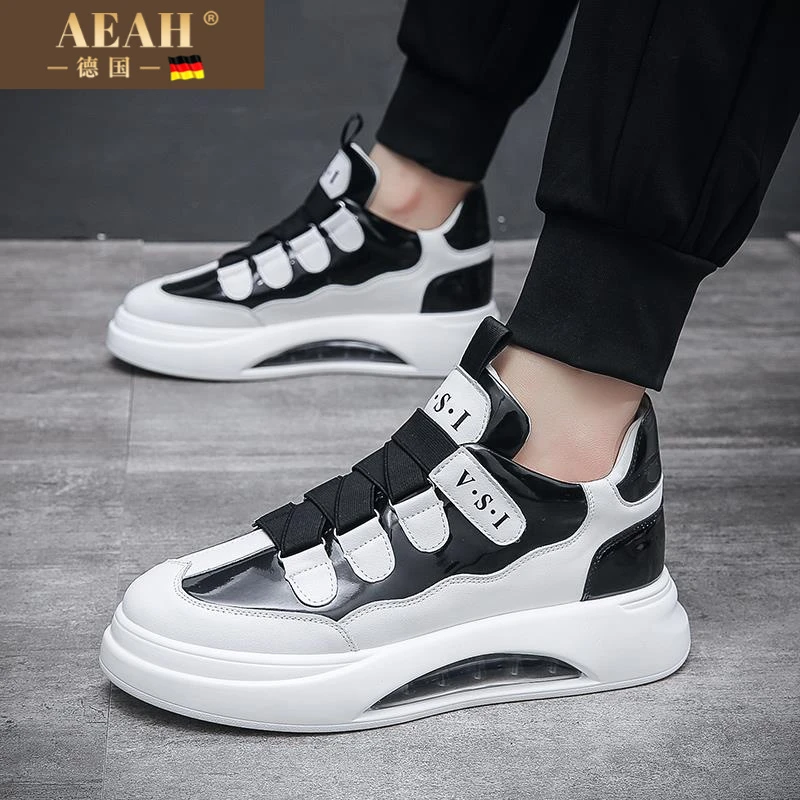 AEAH魔术贴男鞋韩版小白鞋漆皮亮面鞋子男士内增高气垫休闲鞋潮流
