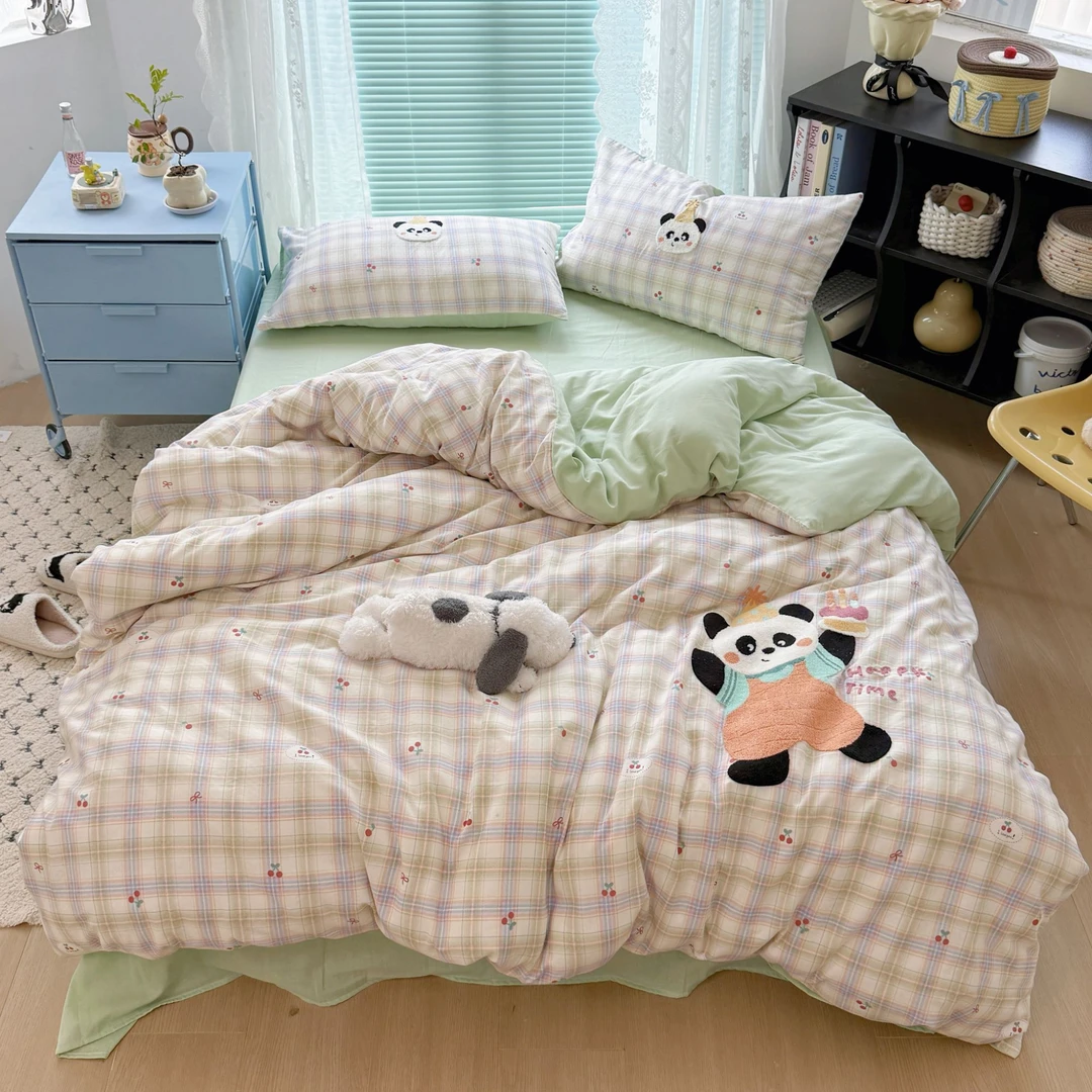 小玲子 熊猫盼盼 全棉双层纱三件套四件套 刺绣工艺 可爱卡通风