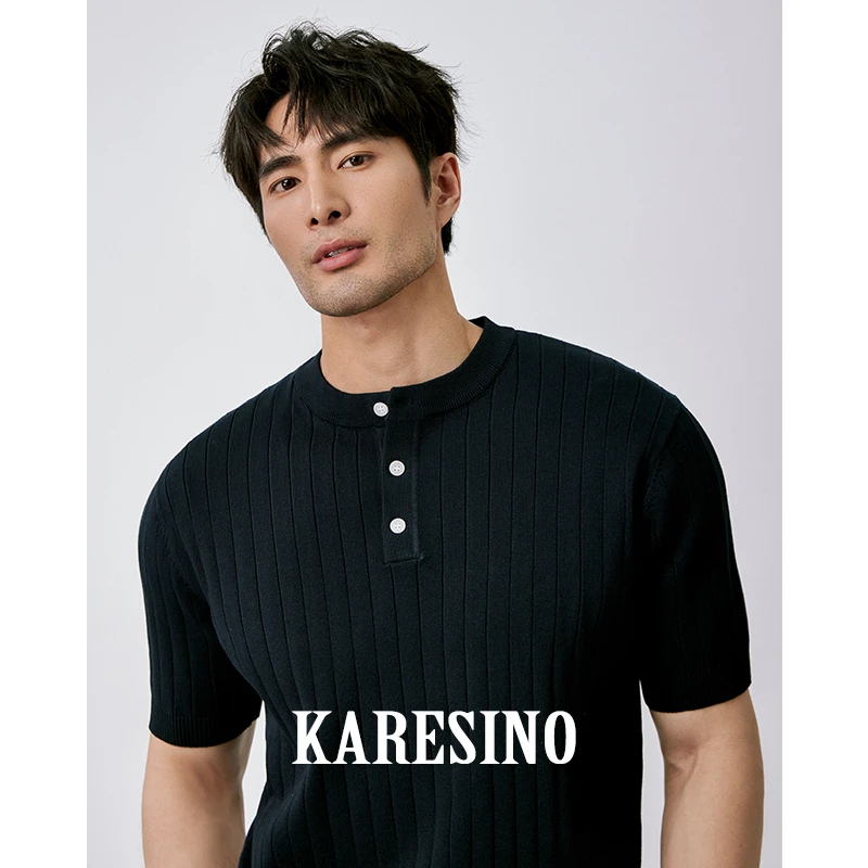 KARESINO夏季冰丝凉感亨利领Polo衫男士新款休闲纯色针织短袖t恤