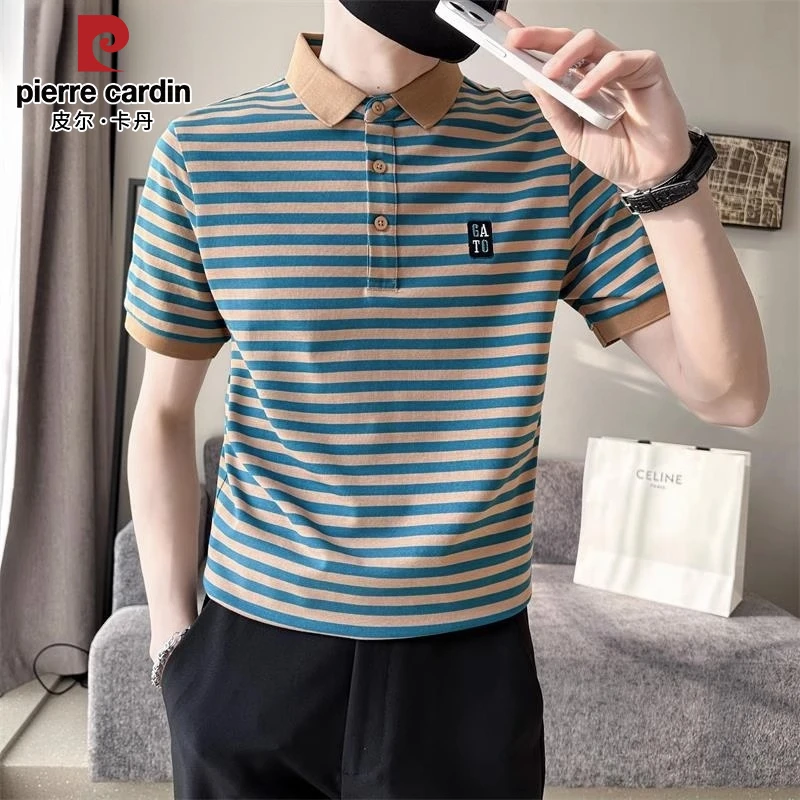 皮尔卡丹条纹短袖t恤男士夏季薄款撞色潮流商务修身翻领polo衫男